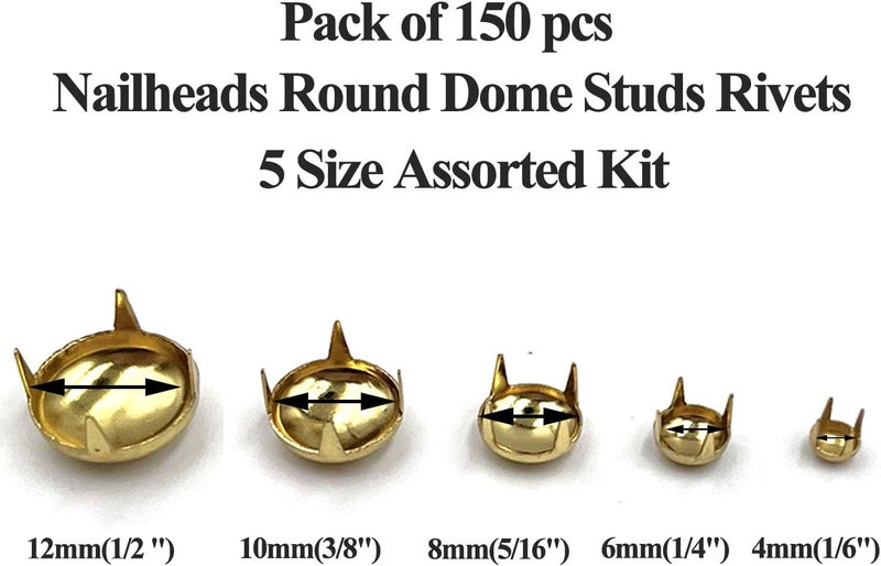 honigo 150pcs Nailheads Round Dome Studs Rivets Gold Metal Solid Brass 4/6/8/10/12mm 4 Prongs Spikes Spots for Leather Craft Clothes Belt Bag Shoes Decorations Totes DIY Craft - Image 3